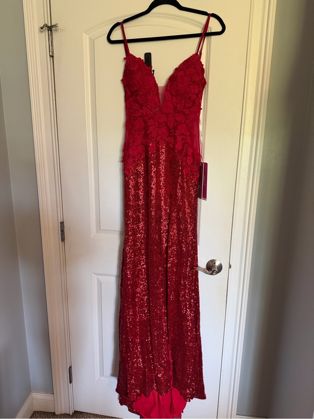 Jovani Red Lace & Sequin Spaghetti Strap Evening Gown